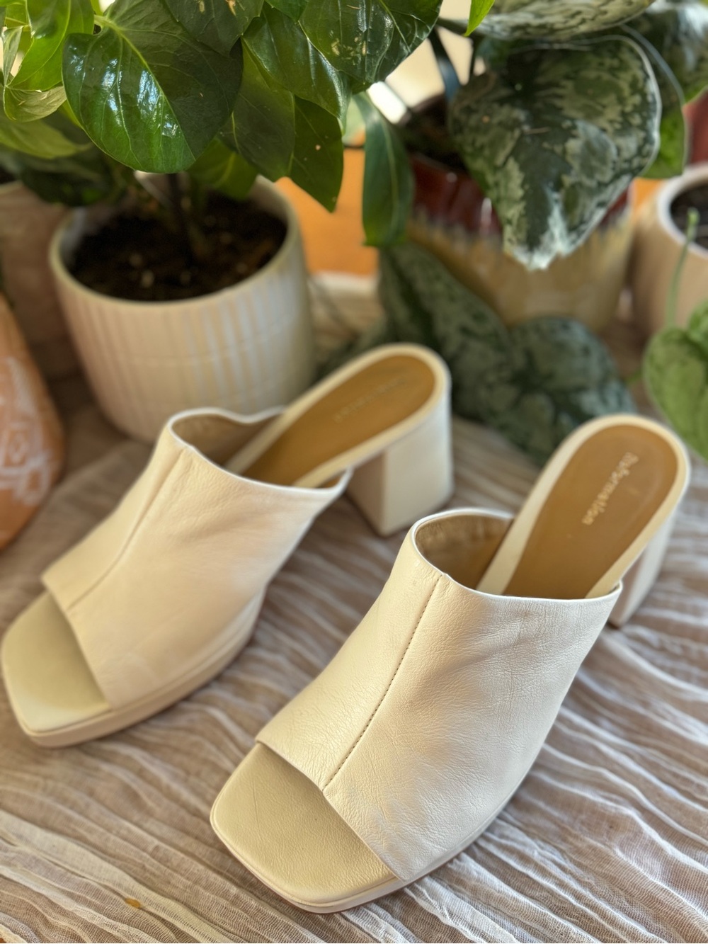Reformation White Leather Block Heel Mule Sandals